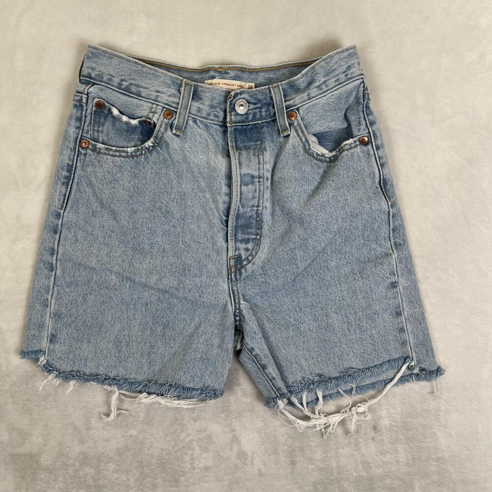 Levi's Ribcage Denim Shorts Womens 26 Blue High Rise Button Fly Cutoff Raw Hem